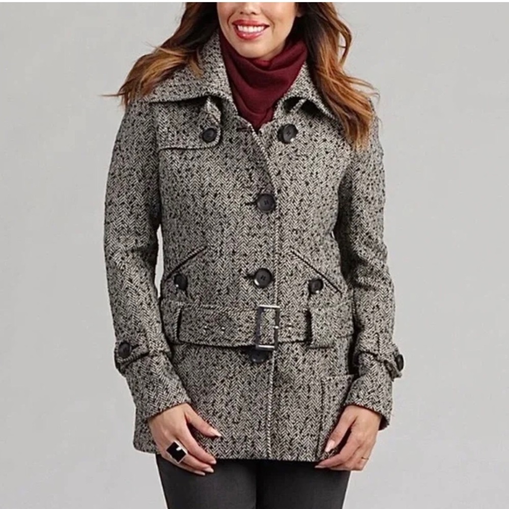 🔲Nicole Miller NY Tweed Herringbone Wool Blend Belted Peacoat Heavy Warm Jacket
